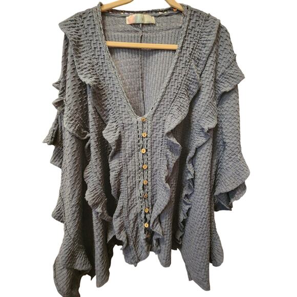 Free People Beach Size M/L Flora Tunic Ruffle button front V-neck Blue NWT - Picture 4 of 7